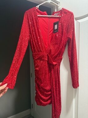 Forever 21 Red Sequin Long Sleeve Wrap Dress